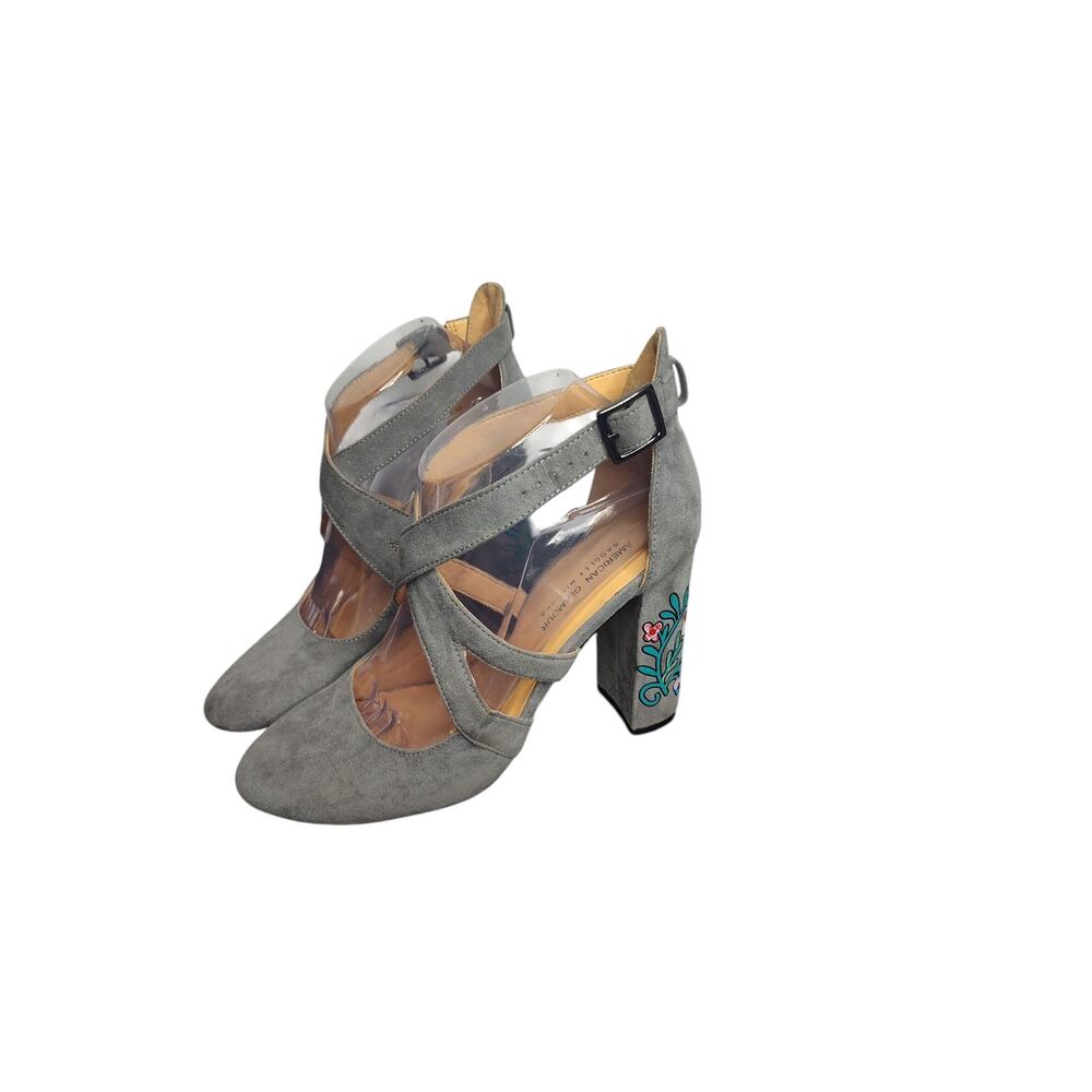 American Glamour/Badgley Mischka Floral Painted Faux Suede Heels 7